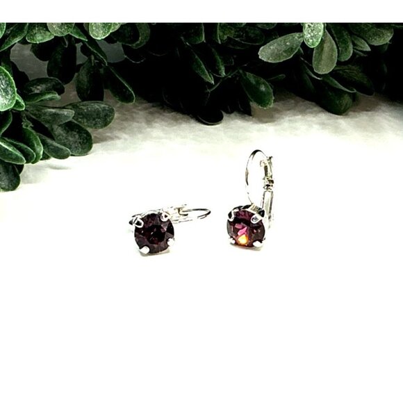 Silver-Tone  Leverback Earrings With Purple Gemstone Round Cut - Picture 6 of 6